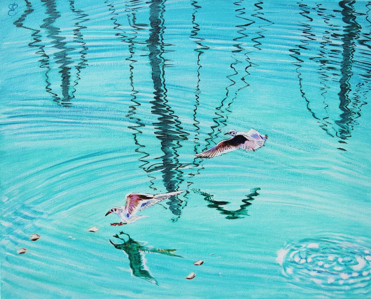 Photorealistic Landscape Acrylic Painting By Dmytro Yeromenko, 20 X 16, Feeding Seagulls, 50*40, Original Artwork