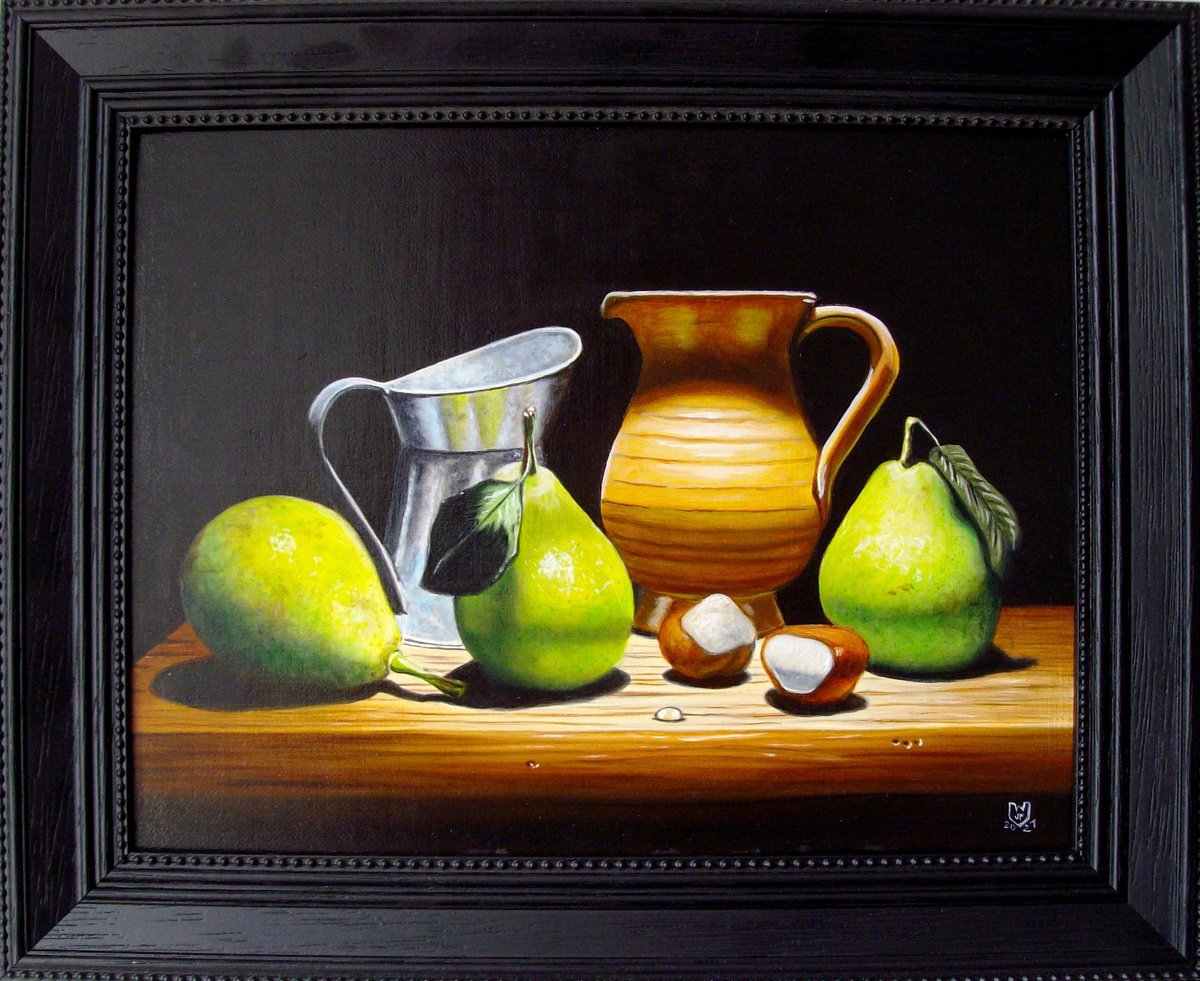 Green pears with 2 jugs by Jean-Pierre Walter