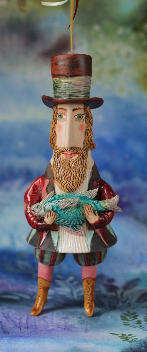 Gentleman holding a fish. Hanging sculpture, Bell-doll by Elya Yalonetski