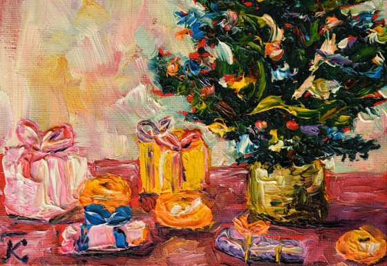 Christmas tree original oil painting on canvas, holiday decor, housewarming gift