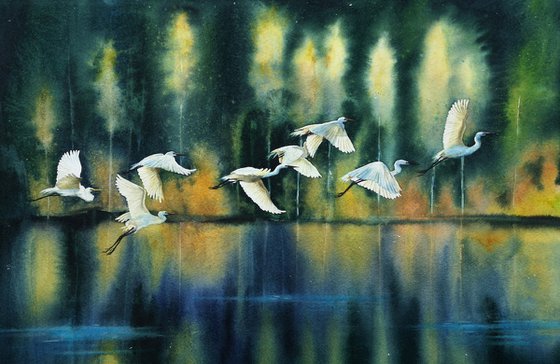 Flock of Snowy Egrets flying - Flock of white herons - Great White Egret - Cattle egret - original watercolor landscape