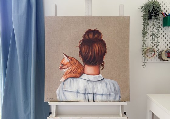 Redhead Girl with Cat
