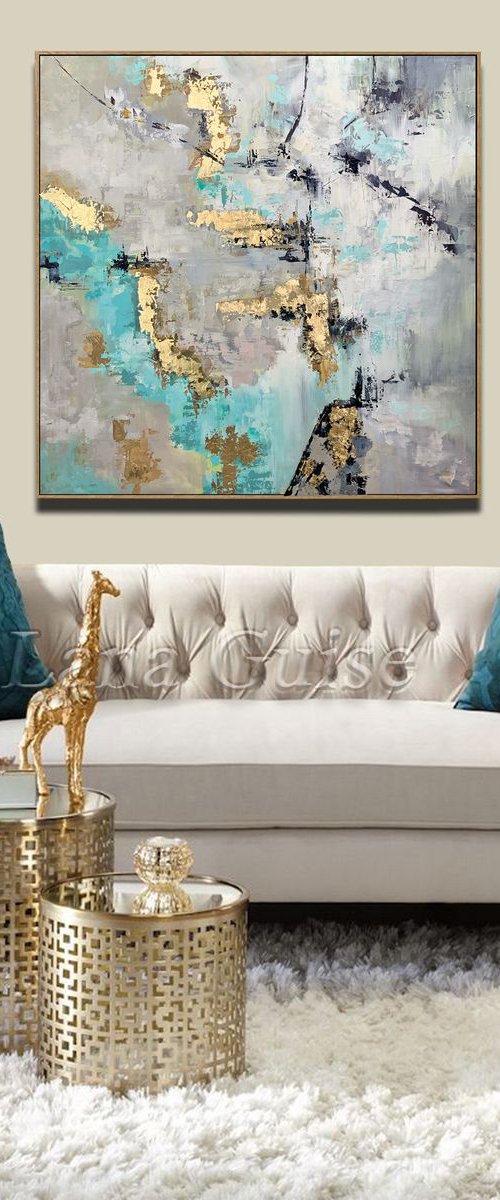 Abstract Painting - Morning Blue - 40" Large Original Gold Leaf White Grey Teal Colors by Lana Guise