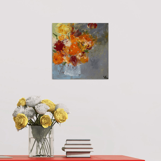 Small still life with orange and burgundy roses
