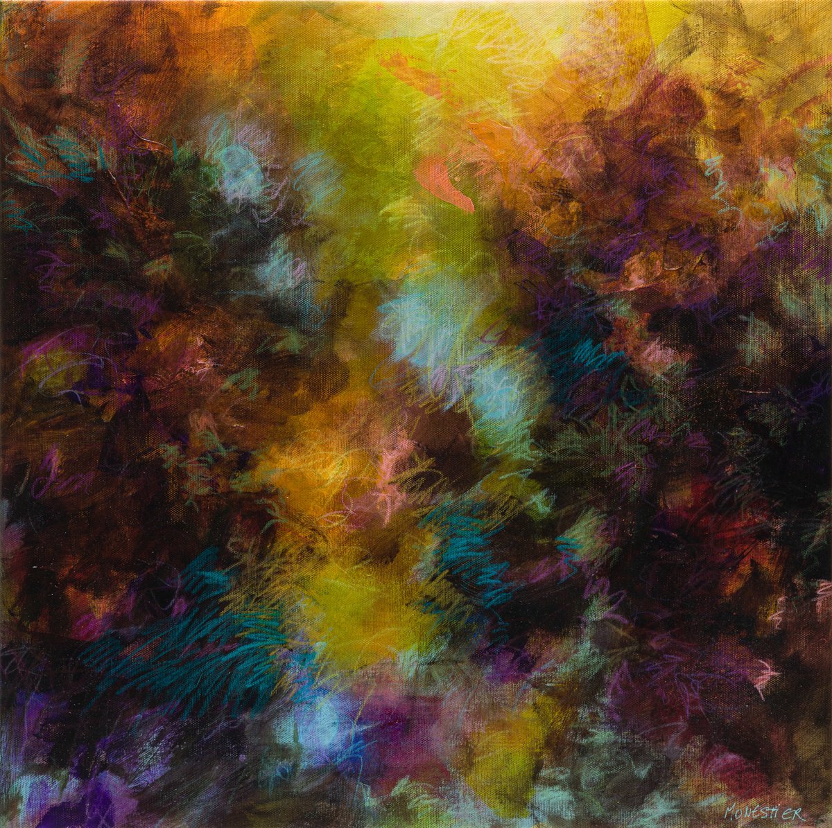 Abstract Botanical Painting By Fabienne Monestier, 24 X 24, Nocturnal Garden Scene, Original Artwork