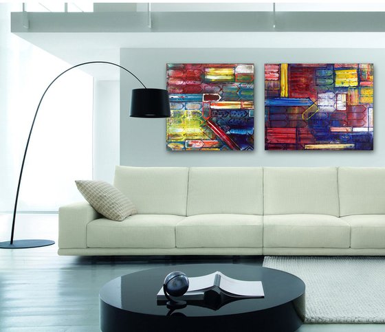 "Take It From Me" - FREE USA SHIPPING - Original Large PMS Abstract Diptych Oil Paintings On Canvas - 54" x 24"