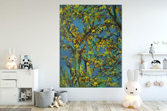 AUTUMN RHAPSODY. RELICT FOREST IN SAMUR - XXL large original painting, oil on canvas,  plants trees, blue yellow, ecology, love, landscape, impressionism,  interior art