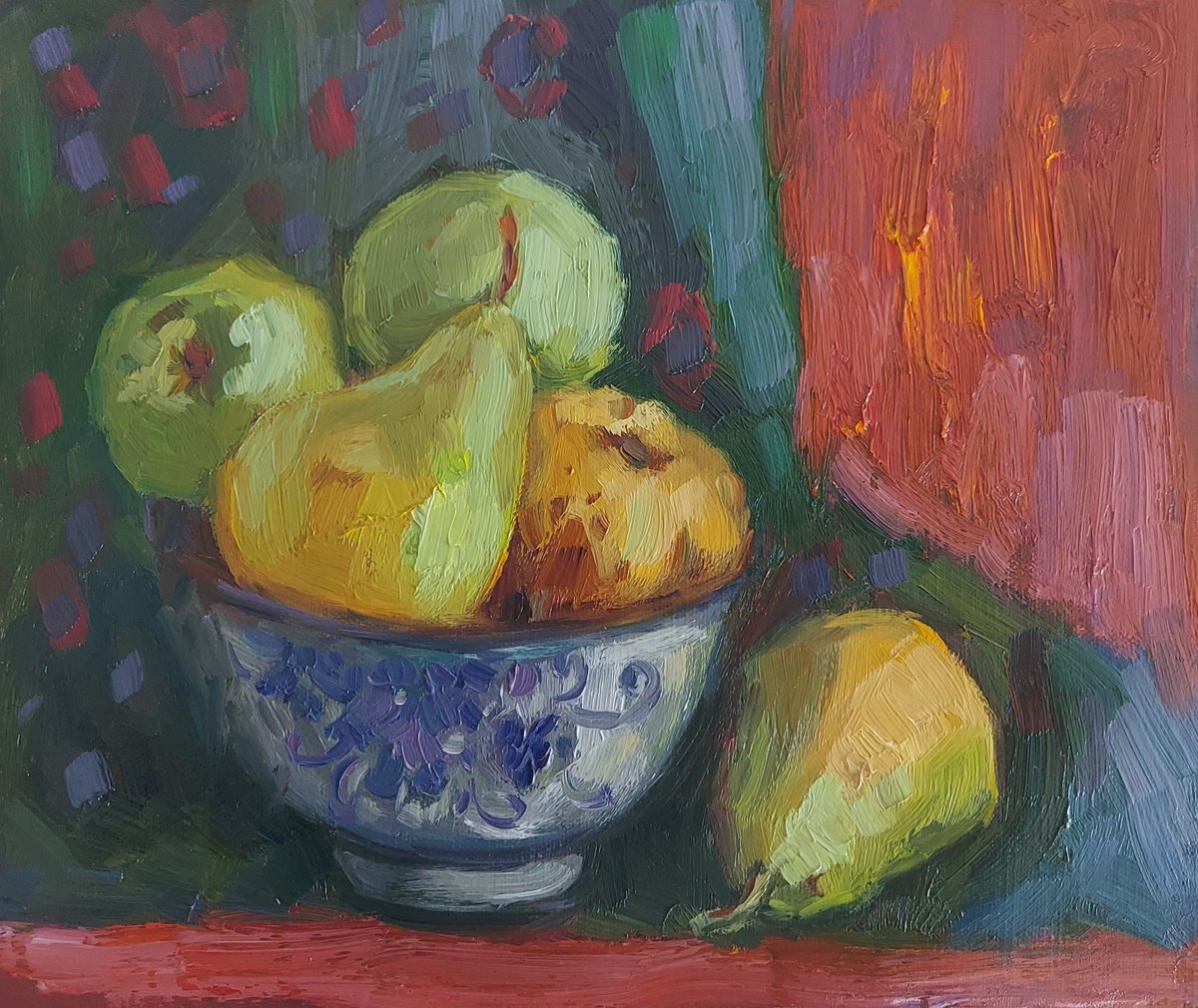 Impressionistic Still Life Oil Painting By Olena Kolotova, 12 X 10", "Pears", 2024, Original Artwork