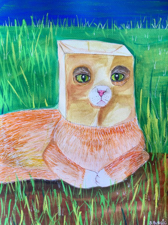 Cat wearing paper bag funny artwork - Quirky Fun Whimsical painting