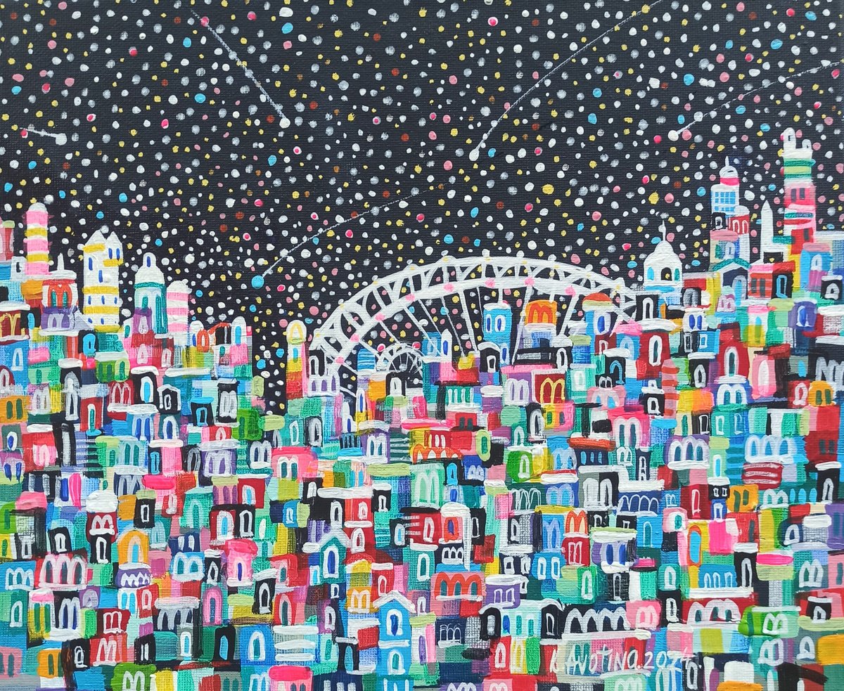 Impressionistic Cityscapes Acrylic Painting By Katrina Avotina, 12 X 10", The Silver Bridge, Original Artwork