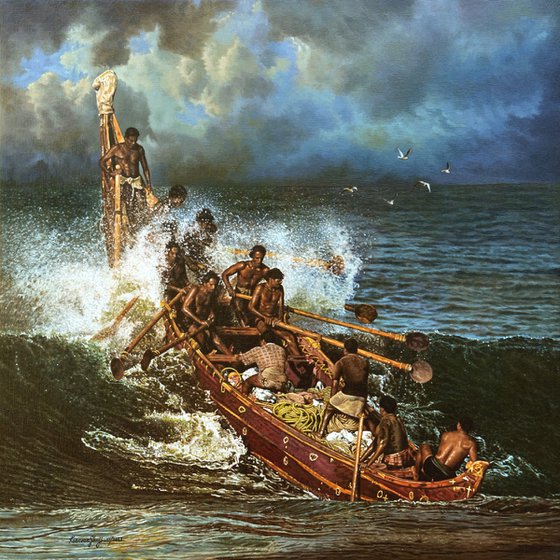 Fishermen and wave