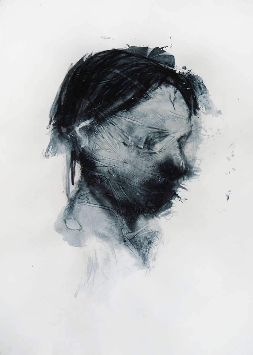 Expressive Portrait Drawing By Cynthia Gregorova, 20 X 28, Quiet Moment (Its Just In The Head), Original Artwork