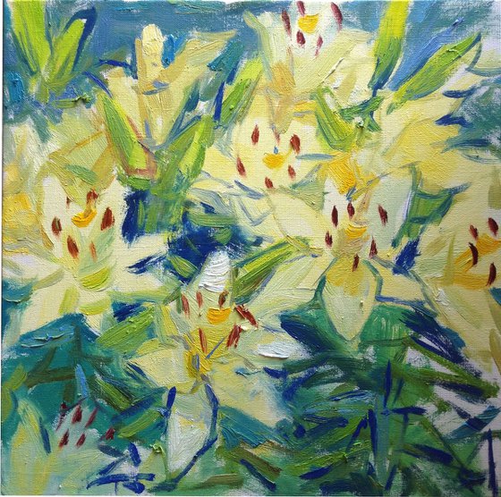 White Lilies . Summer Flowers original oil painting modern bouquet