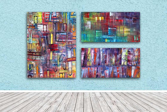 "It Will All Make Sense" - Original Xt Large PMS Abstract Triptych Oil Paintings On Canvas - 66" x 40"