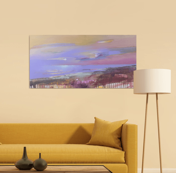 Bright horizontal painting - "Violet sunset" - Landscape - Expressionism - Seascape - Sunset