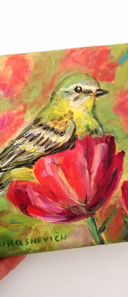 Vibrant Bird 6x6"Oil on Canvas,Exotic Bird Painting,Sweet Home Decoration,Small Square Artwork,Mini Fine Art Piece,Gallery Wall Collection by Katia Ricci