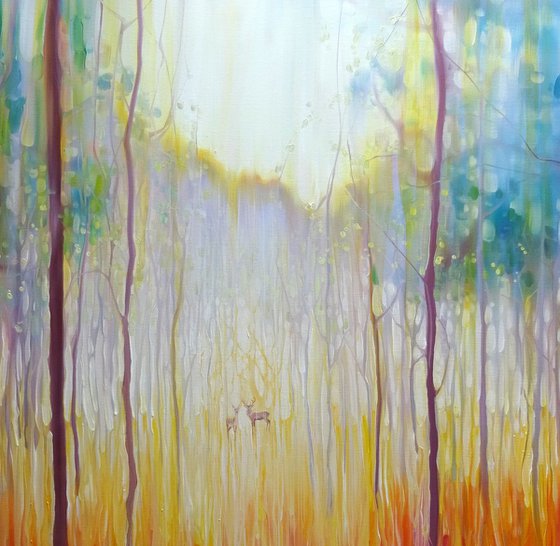 Elusive-2 - a large original oil on canvas of an autumn forest clearing with deer