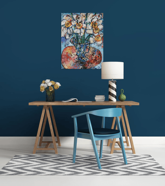 Blue vase, table and spring.