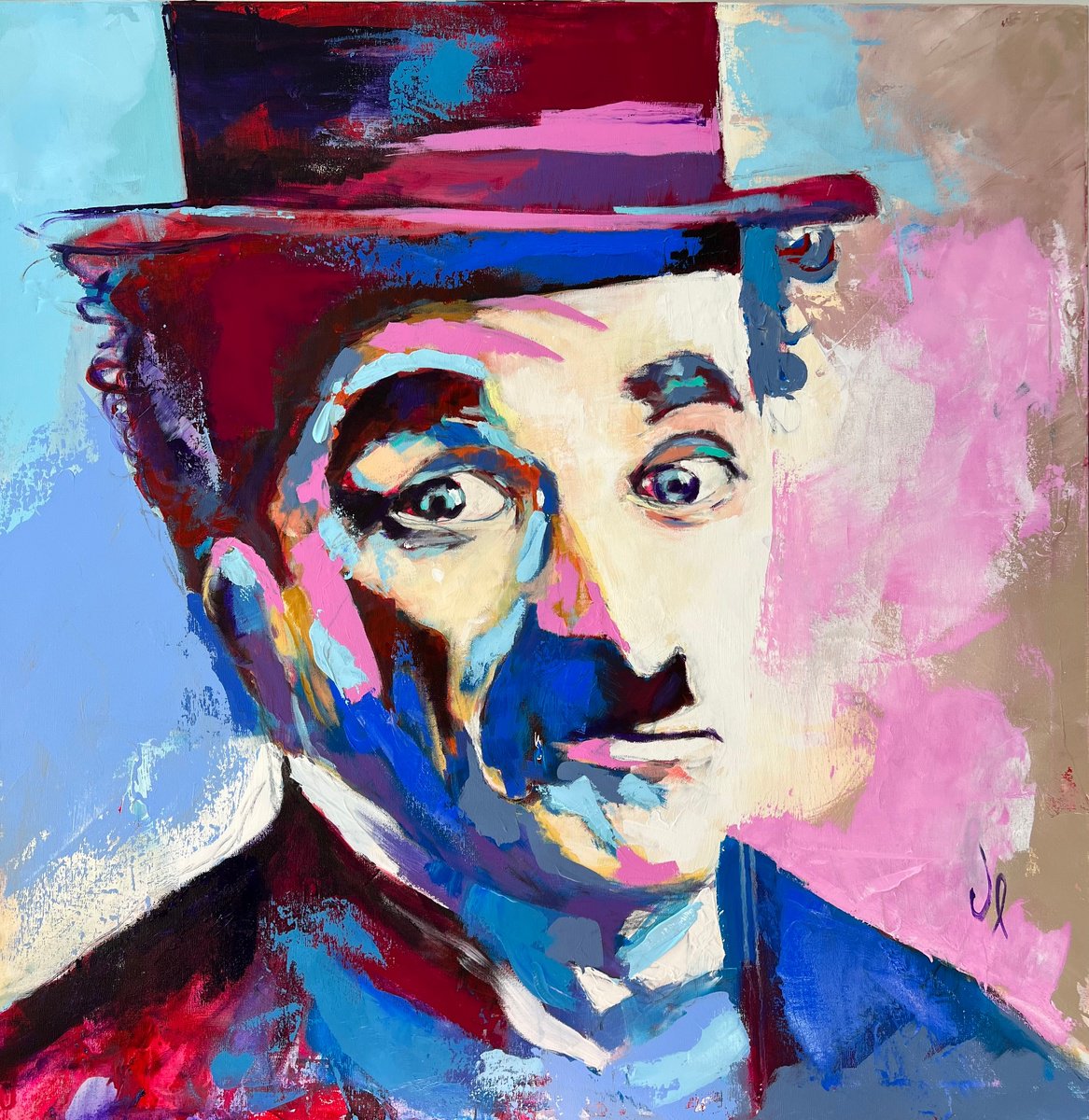Charlie Chaplin Portrait 100x100cm acrylic on canvas by Javier Pea