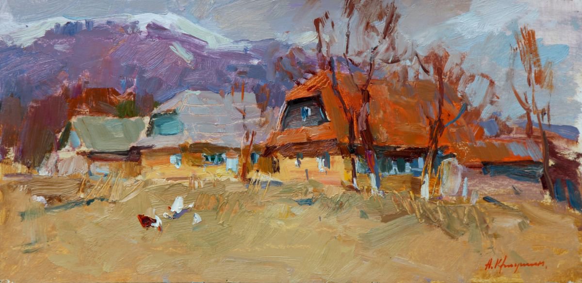 Impressionistic Landscape Oil Painting By Aleksandr Kryushyn, 20 X 10, March In The Carpathians, Original Artwork