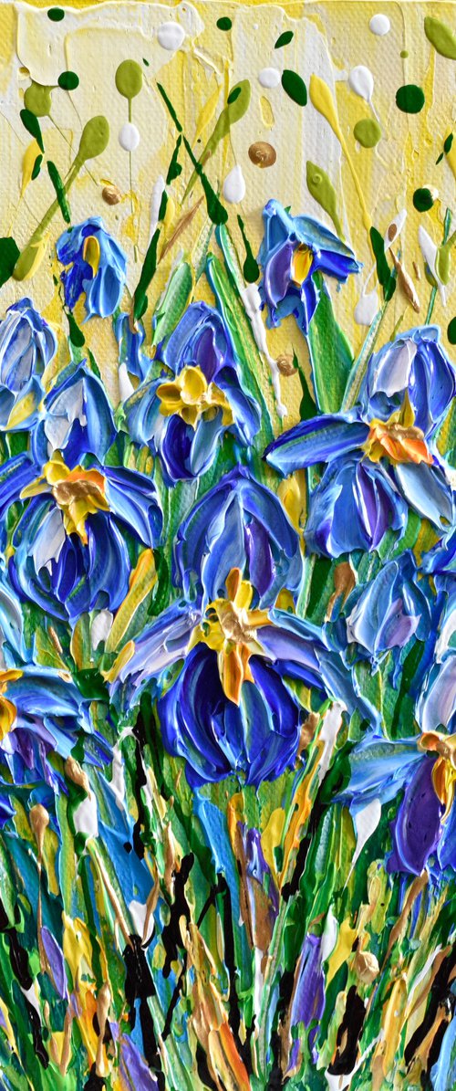 Irises - Deep impasto original floral painting, palette knife blue flowers art by Olga Tkachyk