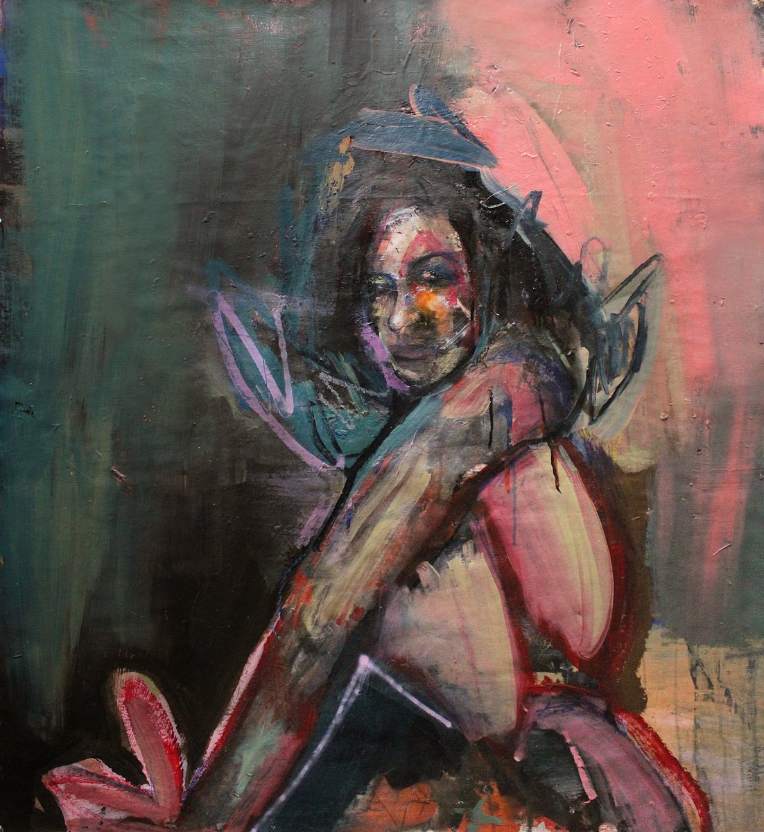 Expressive Portrait Oil Painting By Milos Hronec, 35 X 39", Unexpected, Original Artwork