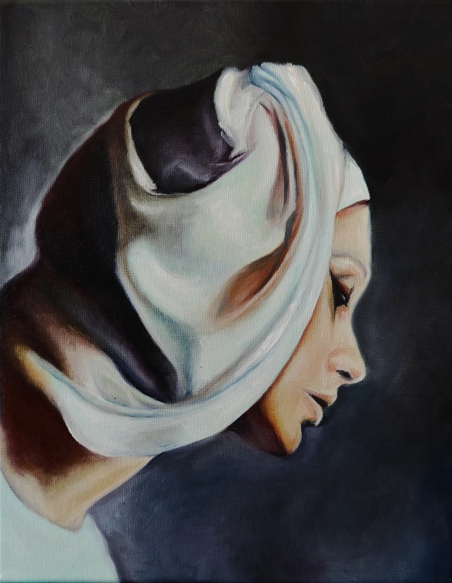 Photorealistic Portrait Oil Painting By Veronica Ciccarese, 9 X 12", Portrait Of Woman With Turban, Original Artwork