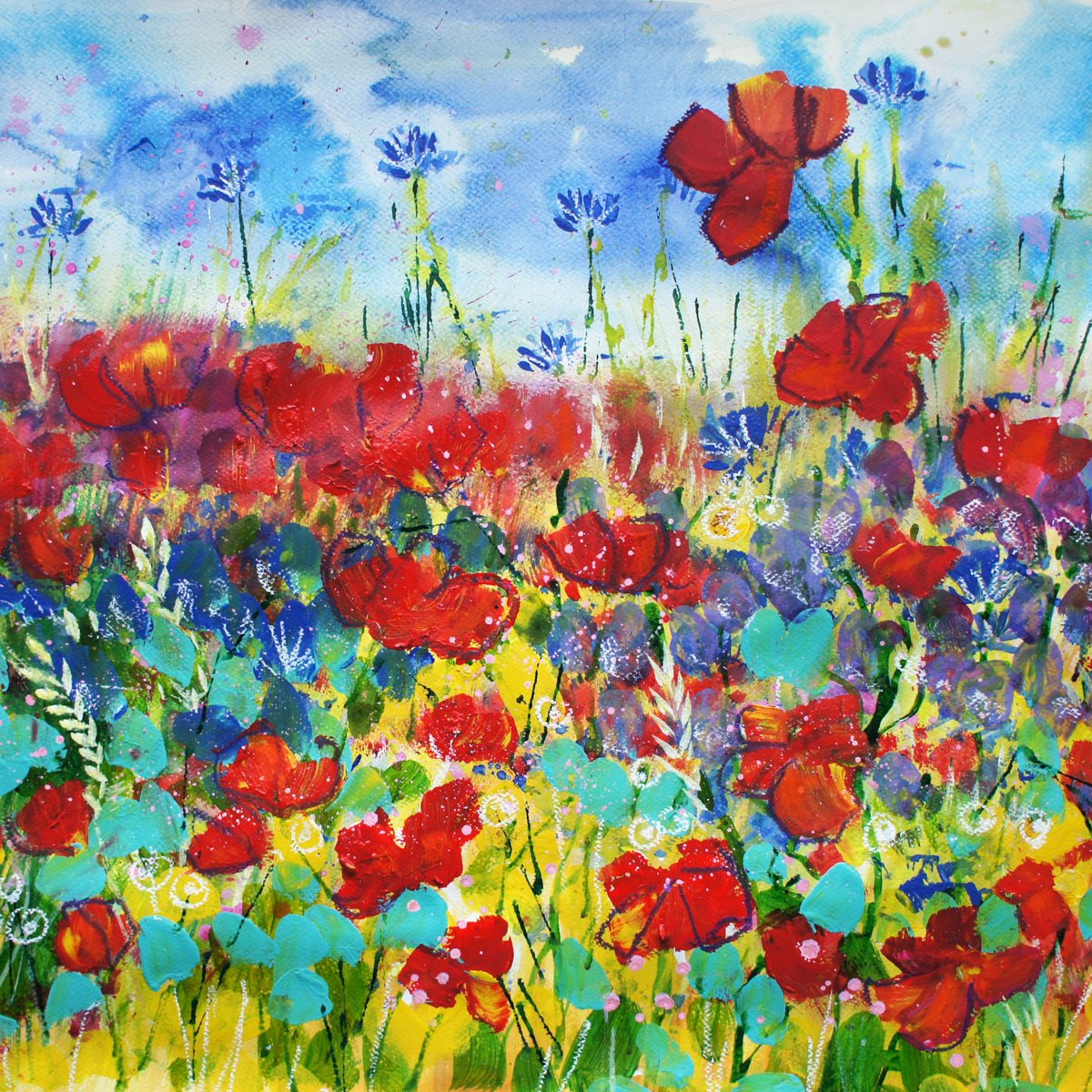 Expressive Landscape Painting By Julia Rigby, 19 X 19", Poppies And Cornflowers, Original Artwork