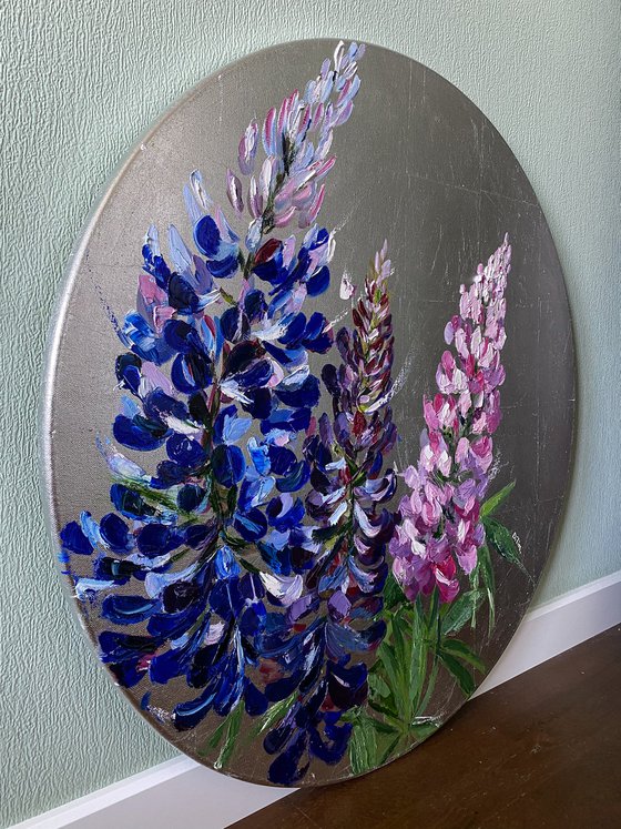 Oil painting Violet-pink flowers - Lupines