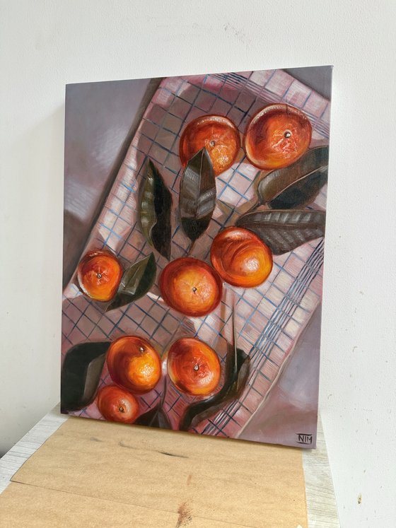 Oranges on Striped Cloth