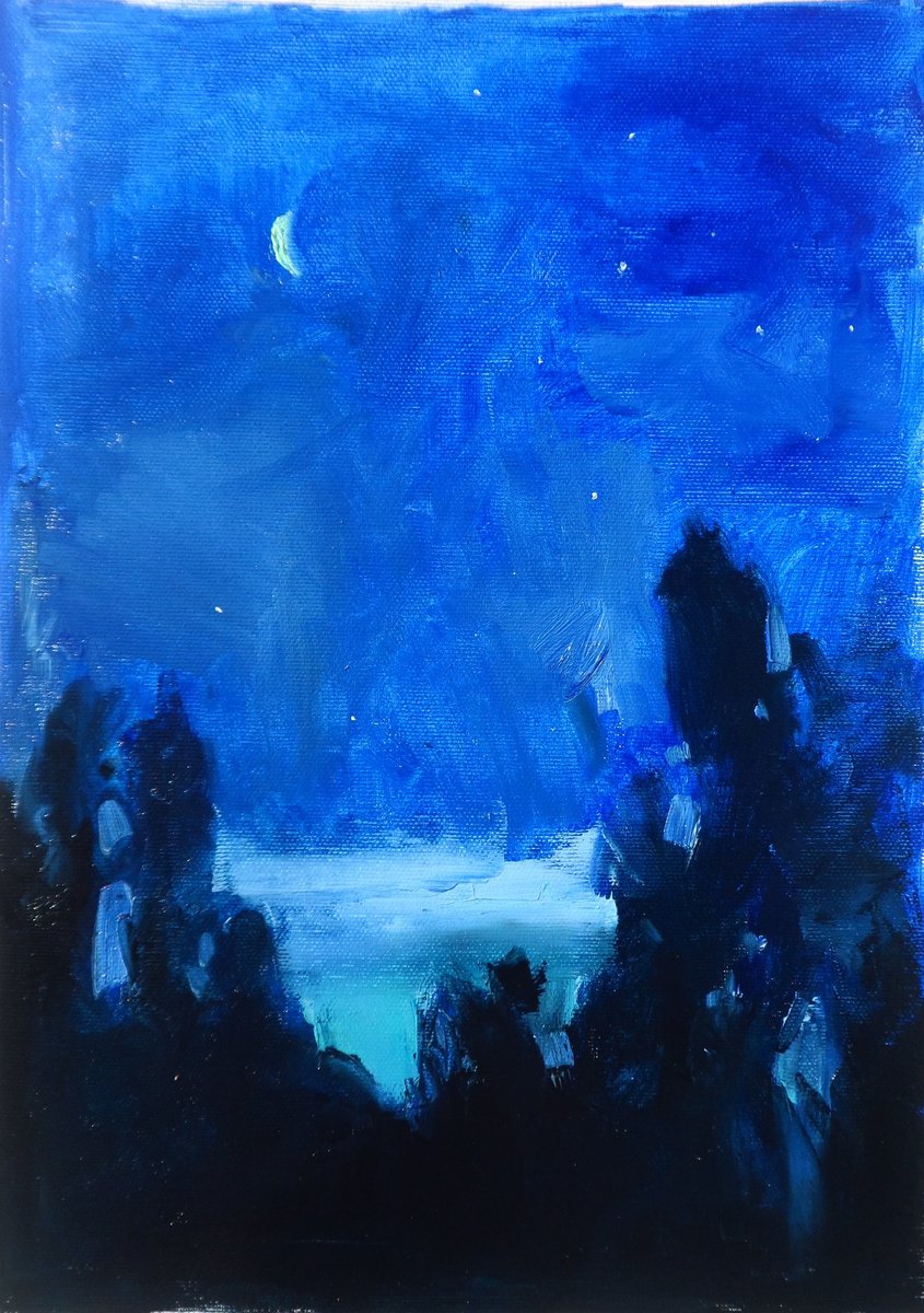 Impressionistic Landscape Oil Painting By Yehor Dulin, 10 X 14", "Moonlit Night ", Original Artwork