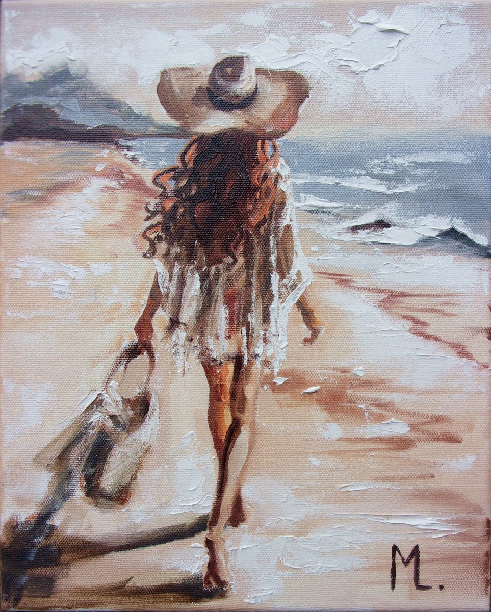 Expressive Oil Painting , Beach Walk Girl By Monika Luniak, 9 X 12, Artwork For Sale On Artfinder