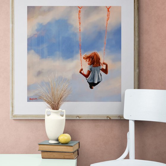 Childhood - Small Girl on Swing Cloud Sky Painting Painting