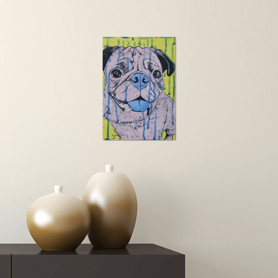 Pink Pug. Dog Painting. Acrylic on paper. A4. Free Shipping