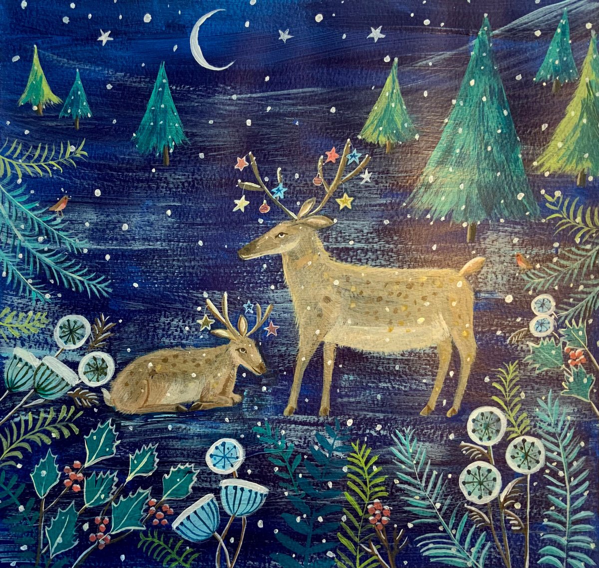 Illustrative Animal Acrylic Painting By Mary Stubberfield, 12 X 11", Winters Night With Deer, Original Artwork