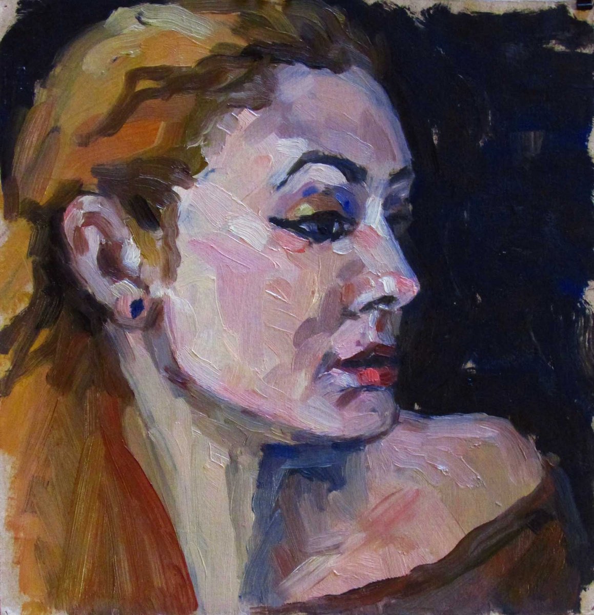 Impressionistic Portrait Oil Painting By Kateryna Bortsova, 10 X 11", Portrait Of A Girl In Profile, Original Artwork