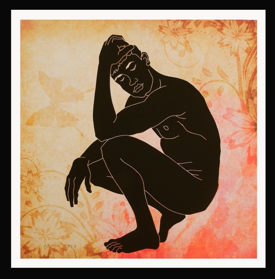Crouching Male Nude Lino Cut Hand Pulled Print