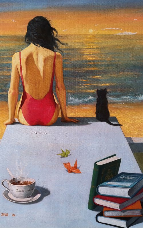 Oil painting-Watch the sunrise with my cat by Hongtao Huang