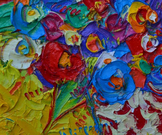ABSTRACT COLOURFUL FLOWERS OF HAPPINESS textural impressionist impasto palette knife oil painting by Ana Maria Edulescu contemporary floral art
