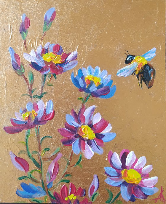 Flight in flowers - acrylic, bumblebee, flowers, painting, chamomile, gift idea, acrylic painting, small painting, postcard size