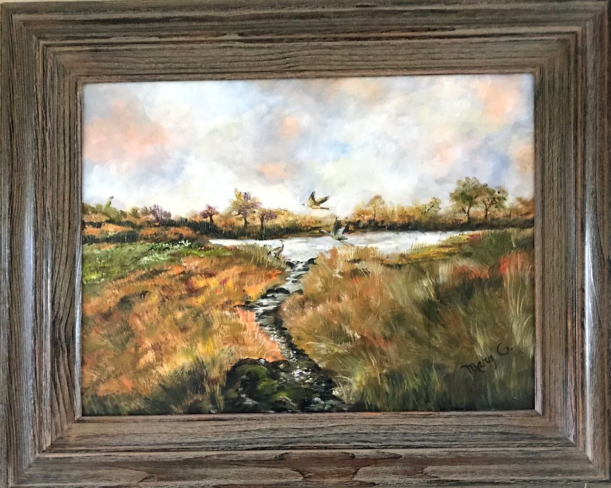 Cranes Migration resting on a peaceful meadow Original Oil Painting 12x16 fully framed by Mary Gullette
