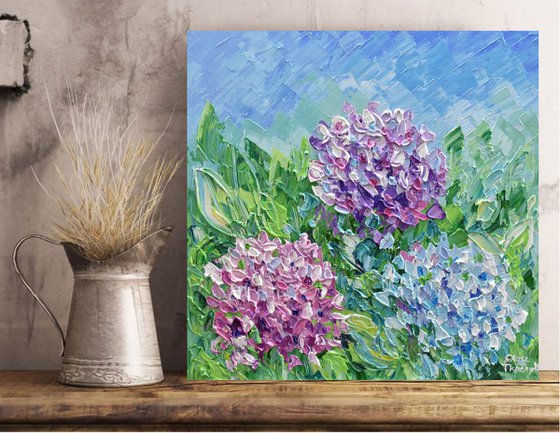 Blue and Pink Hydrangeas - Impasto Floral Acrylic Painting