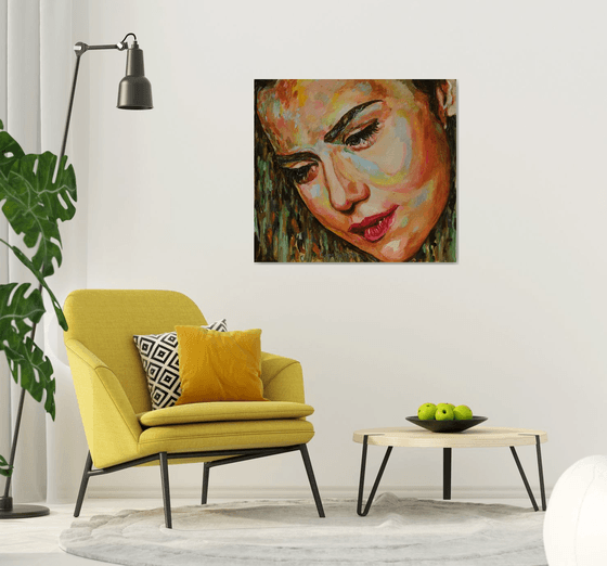 PRETTY FACE - Female portrait, original oil painting, face, render look, eyes, love, angel, lover, lips mother,  impressionism, interior art home decor, gift