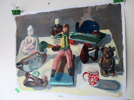 Still life with wood sculpture