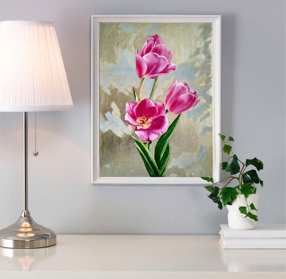 Tulips on a silver background