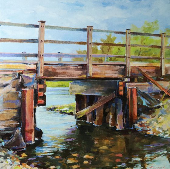 "The old bridge" - Bridges series #4, original, one of a kind acrylic on gallery-wrapped canvas impressionistic style urban landscape