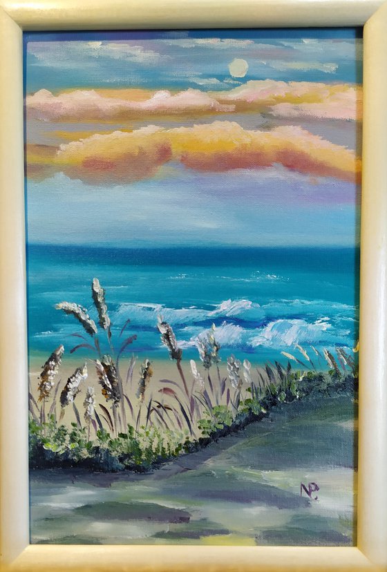 Spikelets, original landscape oil painting, sunset, bedroom art