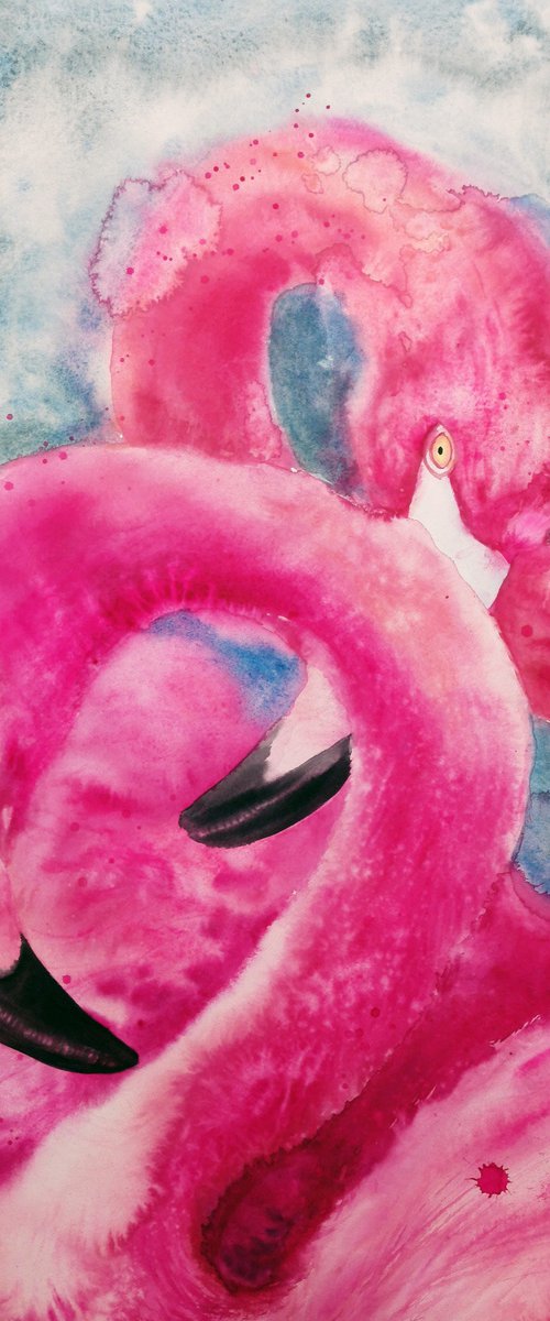 Two Pink Flamingos by Olga Beliaeva Watercolour