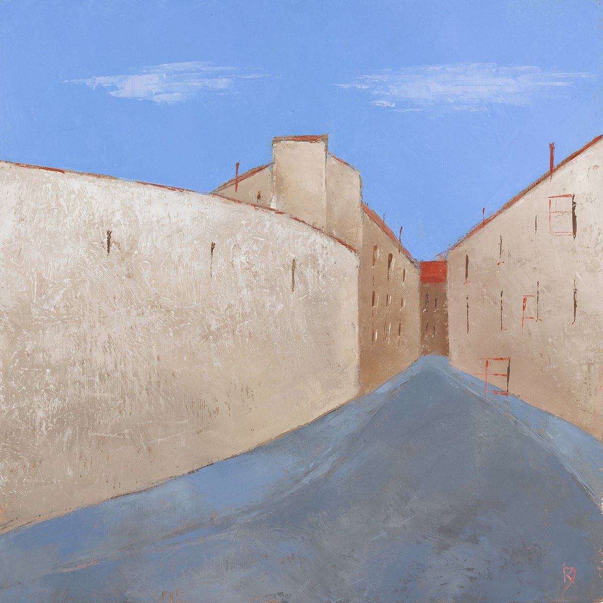 Abstract Cityscapes Oil Painting By Kestutis Jauniskis, 12 X 12", Old City Fragment 18, Original Artwork