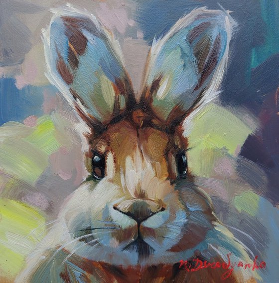 Funny rabbit oil painting original art 6x6, Pet portrait, Rabbit illustration ready to ship, Nursery wall art rabbit lover gift Christmas